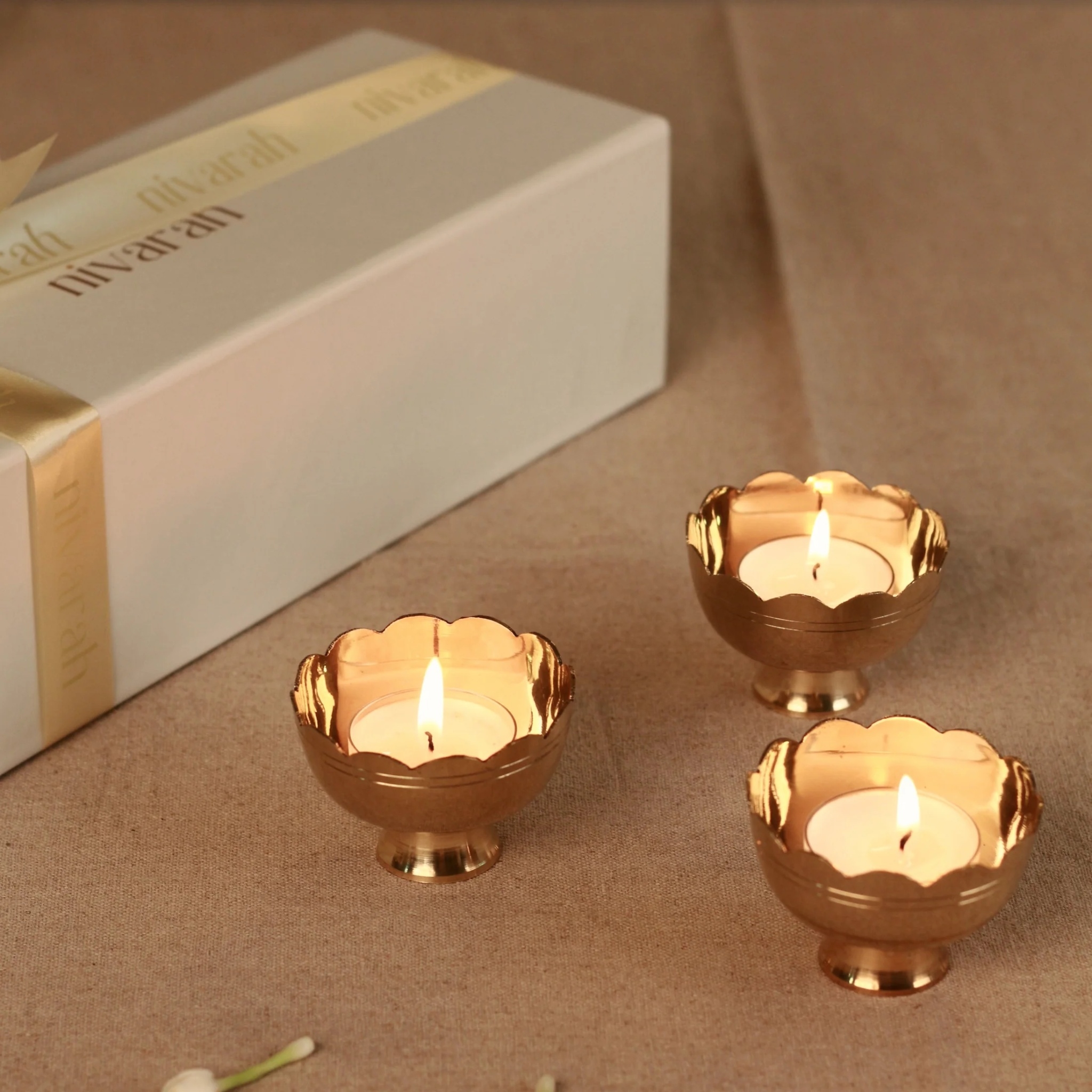 Saroj - Brass Tealight Holder & Candle - Set of 3